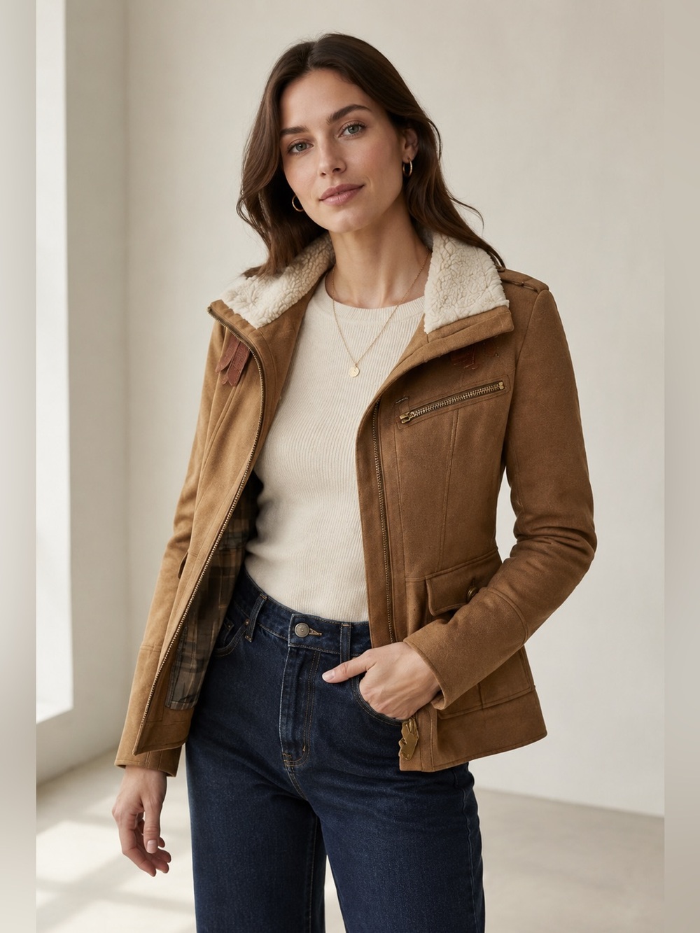 Burberry London Wool Cashmere Shearling Collar Moto Jacket Camel Tan US 2